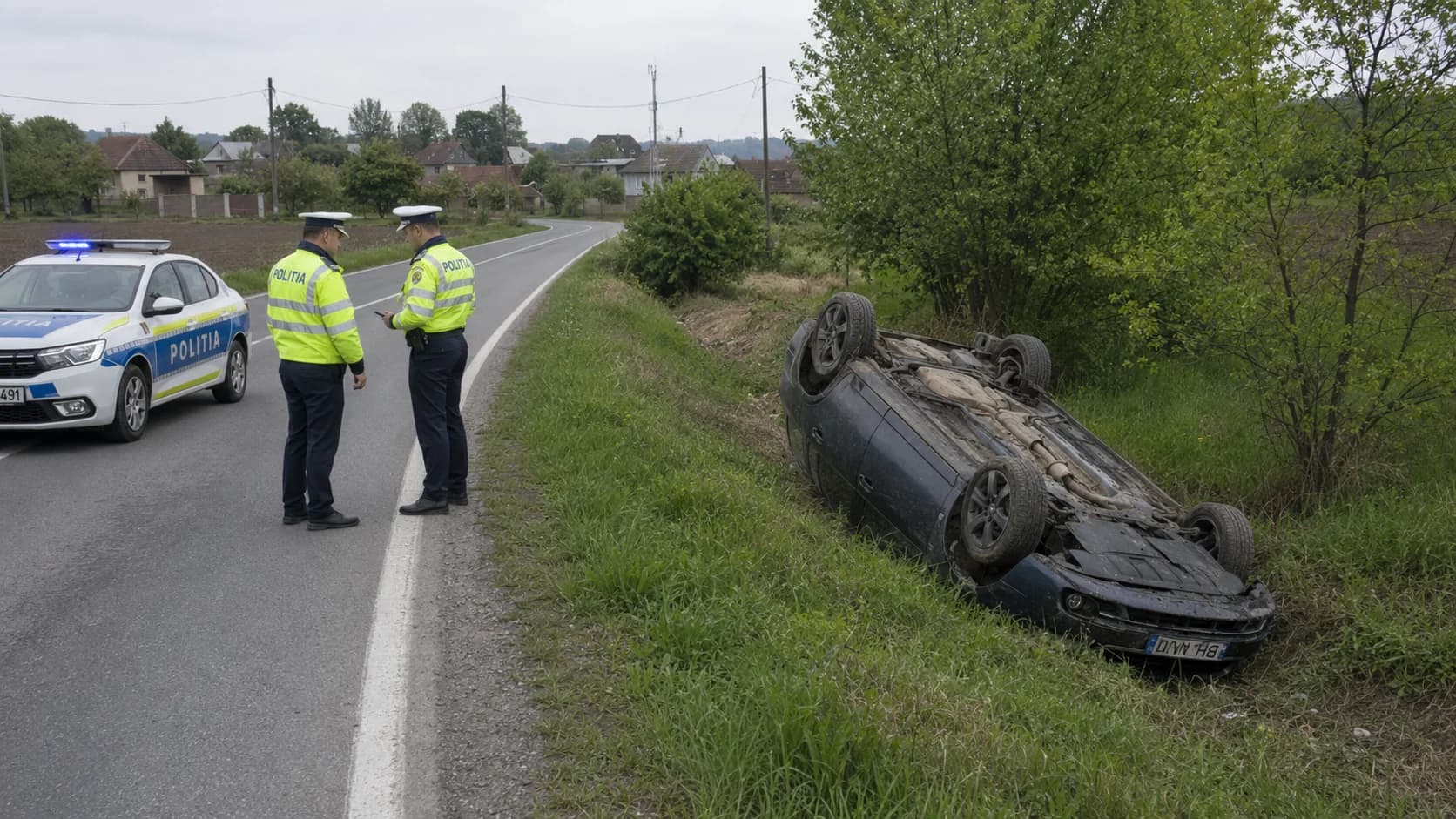 Accident pe DJ 108I, lângă Aștileu. Un șofer băut s-a răsturnat cu mașina în șanț