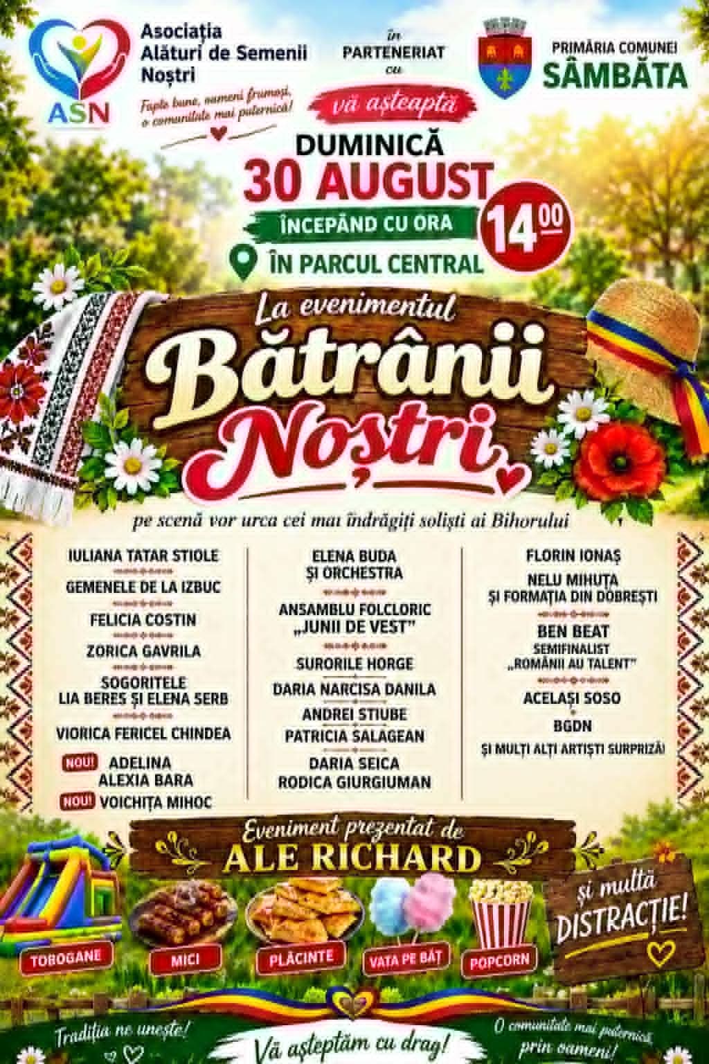 „Bătrânii Noștri”, sărbătoare cu muzică și tradiție la Sâmbăta. Spectacol folcloric în Parcul Central, duminică